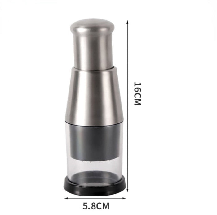 Kitchen Garlic Crusher Appliance: silver, clear manual food chopper, minimal style