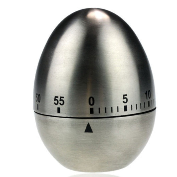 Kitchen Timer in the Shape of a Stainless Steel Egg: silver, black egg-shaped timer, minimal style