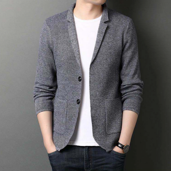 Knit Blazer Cardigan for Men with a Stylish Stand Collar: gray, white blazer jacket, minimal casual style