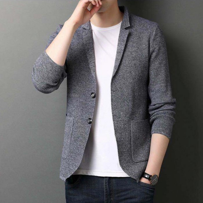 Knit Blazer Cardigan for Men with a Stylish Stand Collar: gray, white blazer jacket, minimal casual style