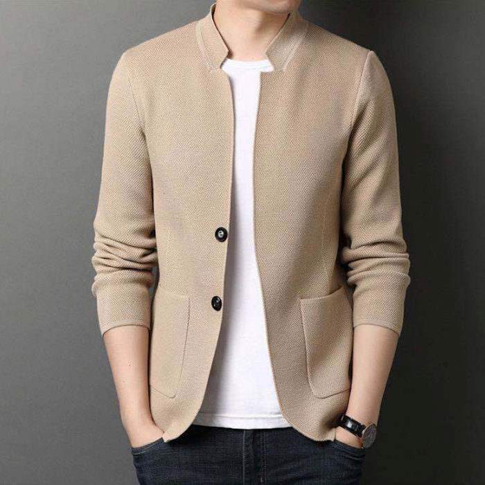 Knit Blazer Cardigan for Men with a Stylish Stand Collar: gray, white blazer jacket, minimal casual style