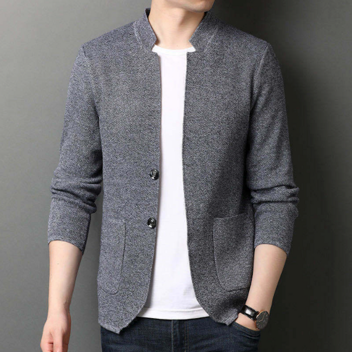 Knit Blazer Cardigan for Men with a Stylish Stand Collar: gray, white blazer jacket, minimal casual style