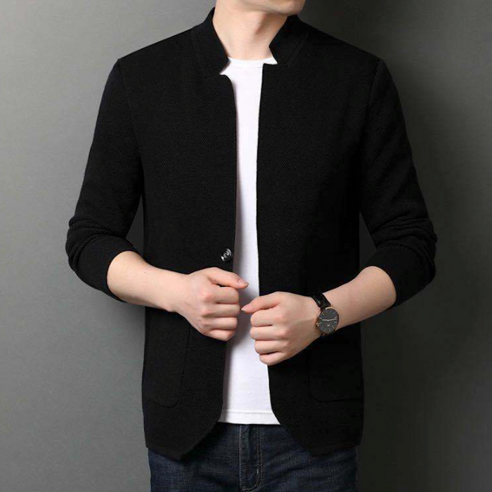 Knit Blazer Cardigan for Men with a Stylish Stand Collar: gray, white blazer jacket, minimal casual style