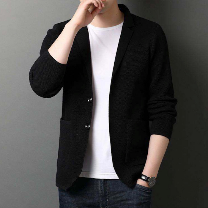 Knit Blazer Cardigan for Men with a Stylish Stand Collar: gray, white blazer jacket, minimal casual style