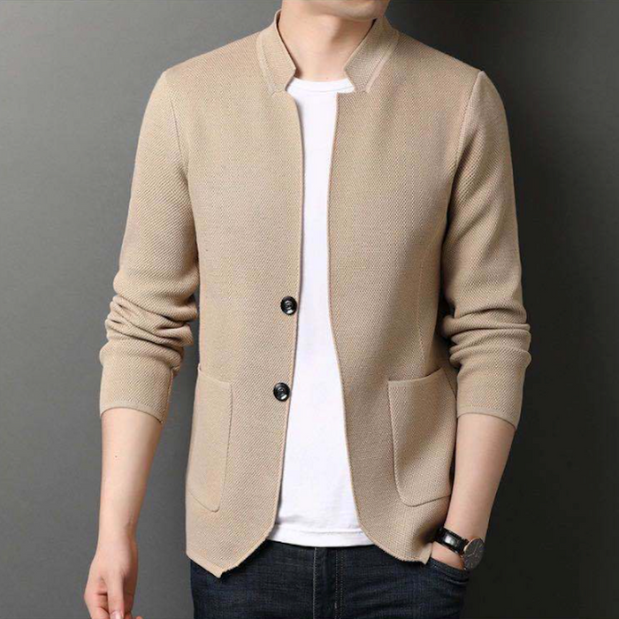 Knit Blazer Cardigan for Men with a Stylish Stand Collar: gray, white blazer jacket, minimal casual style