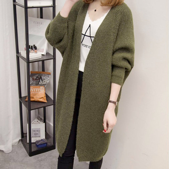 Knitted Cardigan with Mid-Length and Open Front for Women: olive green, white long open-front cardigan, casual minimal style