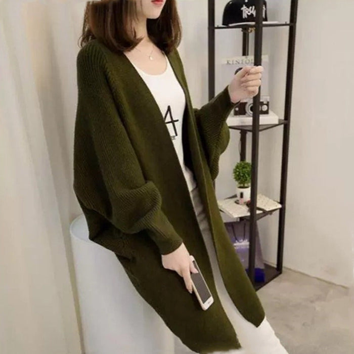 Knitted Cardigan with Mid-Length and Open Front for Women: olive green, white long open-front cardigan, casual minimal style