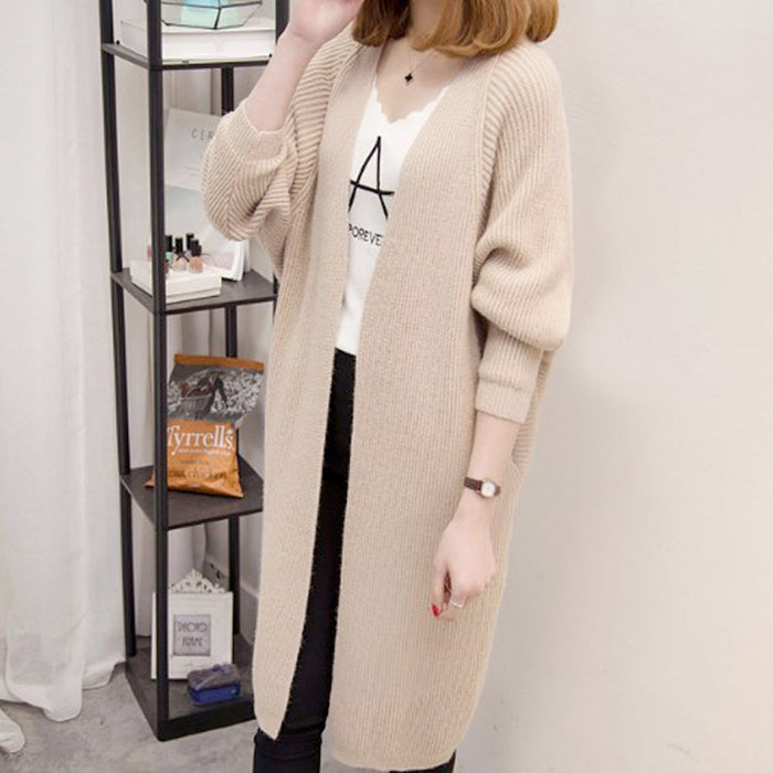 Knitted Cardigan with Mid-Length and Open Front for Women: olive green, white long open-front cardigan, casual minimal style
