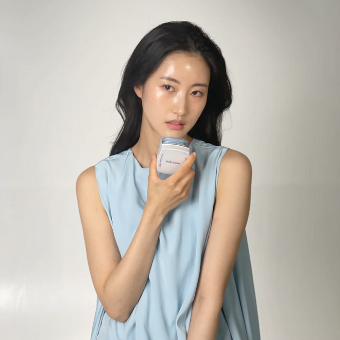 Korean Delight, Complete Skincare Collection: white, light blue cosmetic cream jar with box packaging, minimal, clean skincar