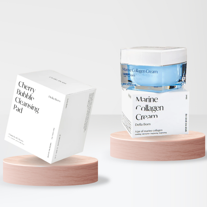 Korean Delight, Complete Skincare Collection: white, light blue cosmetic cream jar with box packaging, minimal, clean skincar