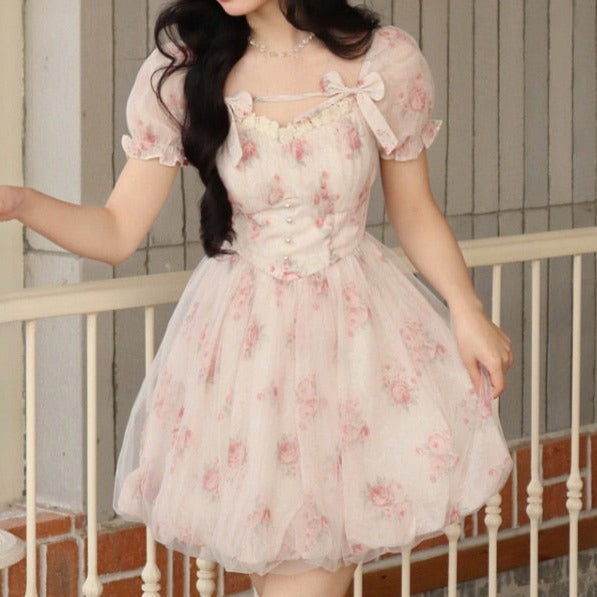 Korean-inspired Floral Mini Dress: pale pink, cream dress, romantic feminine cottagecore style
