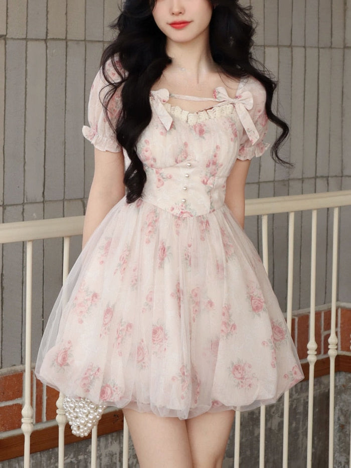 Korean-inspired Floral Mini Dress: pale pink, cream dress, romantic feminine cottagecore style