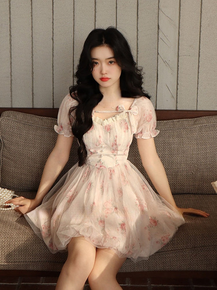 Korean-inspired Floral Mini Dress: pale pink, cream dress, romantic feminine cottagecore style