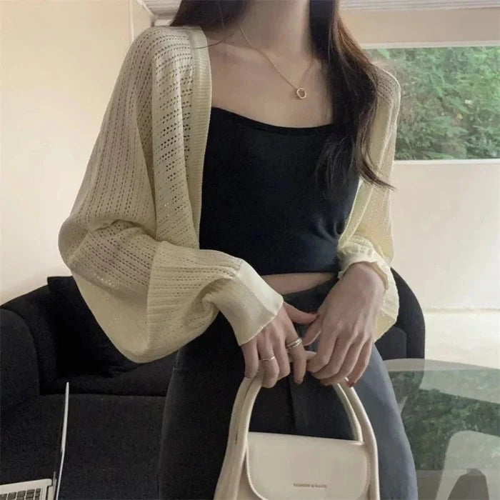 Korean-Inspired Women's Short Knitted Crop Cardigan: cream, black outfit with handbag, minimal casual style