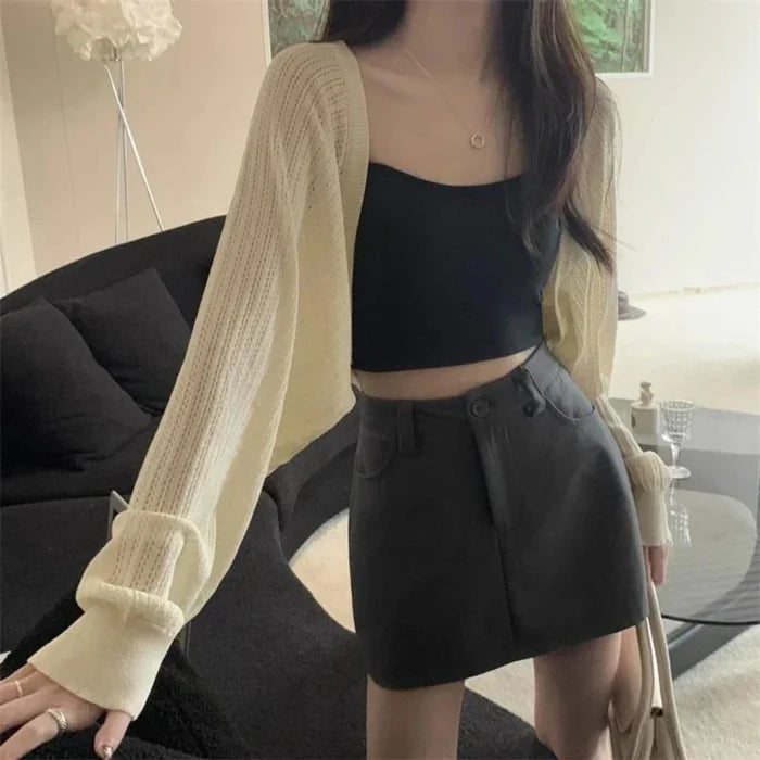 Korean-Inspired Women's Short Knitted Crop Cardigan: cream, black outfit with handbag, minimal casual style