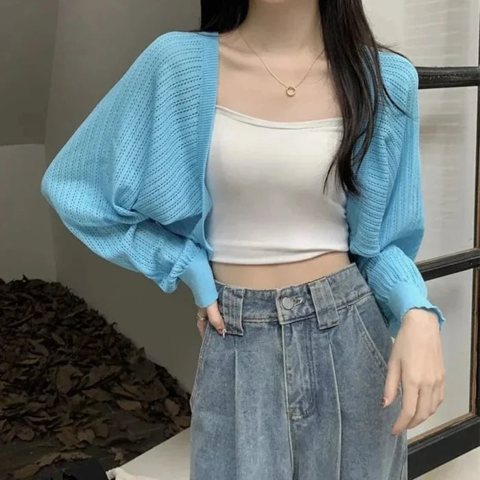 Korean-Inspired Women's Short Knitted Crop Cardigan: cream, black outfit with handbag, minimal casual style