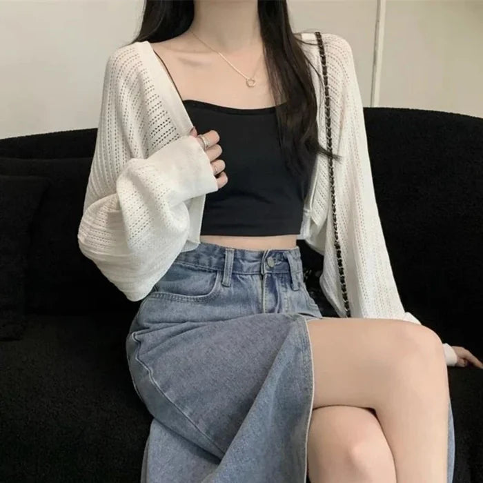 Korean-Inspired Women's Short Knitted Crop Cardigan: cream, black outfit with handbag, minimal casual style