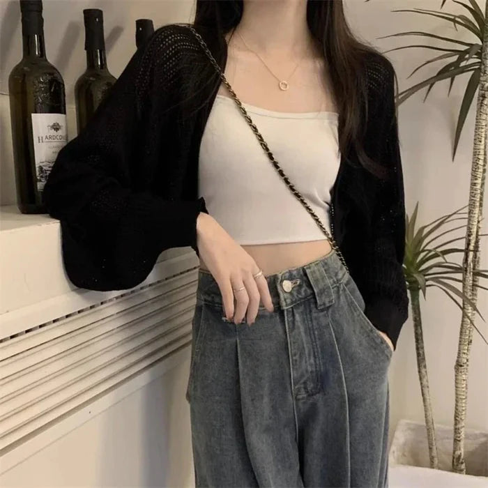 Korean-Inspired Women's Short Knitted Crop Cardigan: cream, black outfit with handbag, minimal casual style