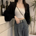 Korean-Inspired Women's Short Knitted Crop Cardigan: cream, black outfit with handbag, minimal casual style