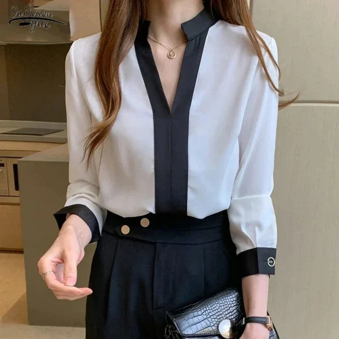 Korean-Inspired Women's Stand Collar Top: white, black women's blouse, minimal style