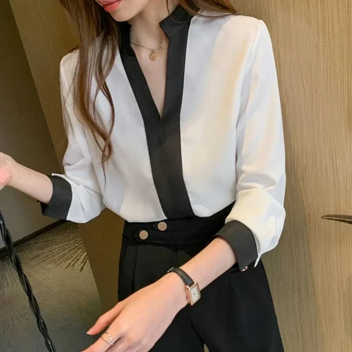 Korean-Inspired Women's Stand Collar Top: white, black women's blouse, minimal style