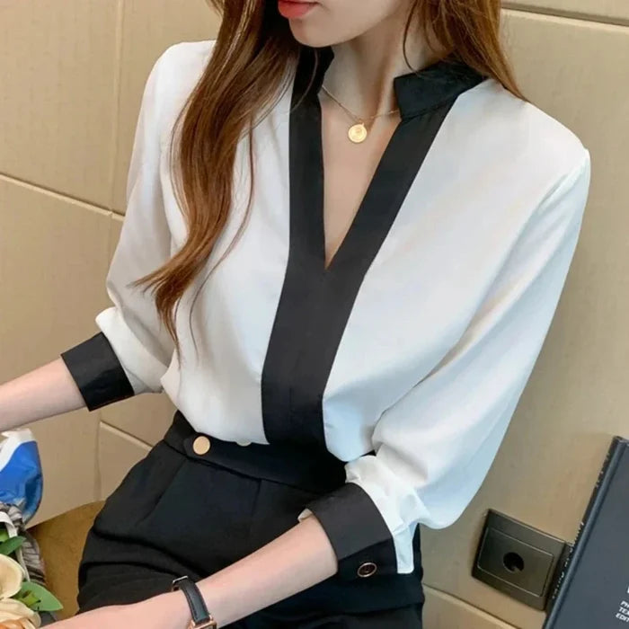 Korean-Inspired Women's Stand Collar Top: white, black women's blouse, minimal style
