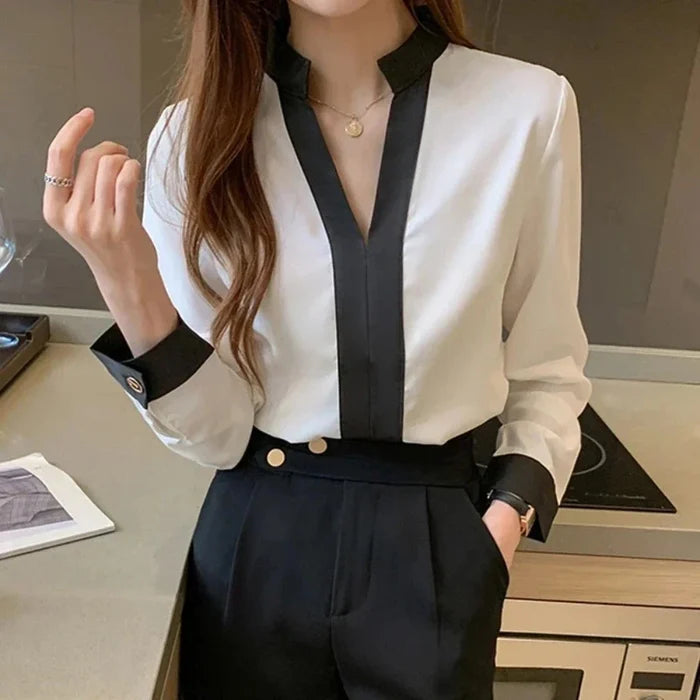 Korean-Inspired Women's Stand Collar Top: white, black women's blouse, minimal style
