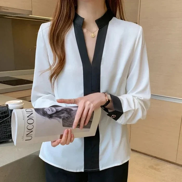Korean-Inspired Women's Stand Collar Top: white, black women's blouse, minimal style