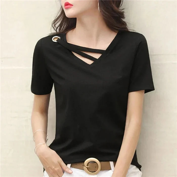 Korean V-Neck Women's Summer Blouse: black, gold short-sleeve top, minimal modern style