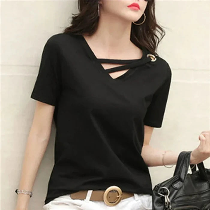 Korean V-Neck Women's Summer Blouse: black, gold short-sleeve top, minimal modern style