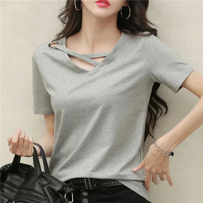 Korean V-Neck Women's Summer Blouse: black, gold short-sleeve top, minimal modern style
