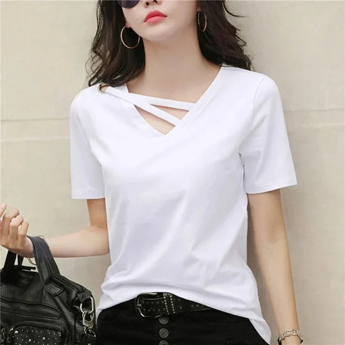 Korean V-Neck Women's Summer Blouse: black, gold short-sleeve top, minimal modern style