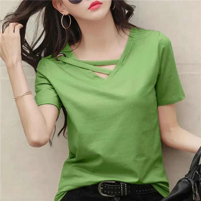 Korean V-Neck Women's Summer Blouse: black, gold short-sleeve top, minimal modern style