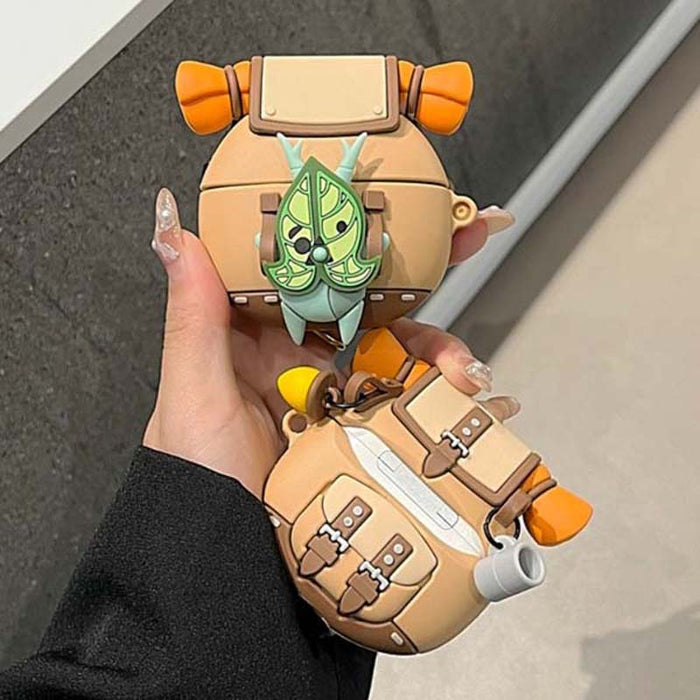 Korok AirPods Case with Glow-in-the-Dark Feature: tan, brown leaf-faced character, cute cartoon, kawaii style