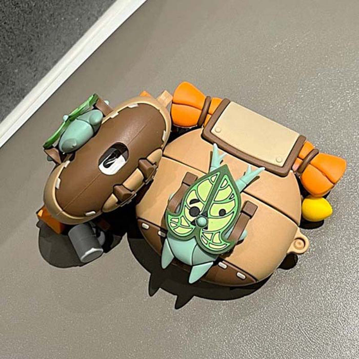 Korok AirPods Case with Glow-in-the-Dark Feature: tan, brown leaf-faced character, cute cartoon, kawaii style