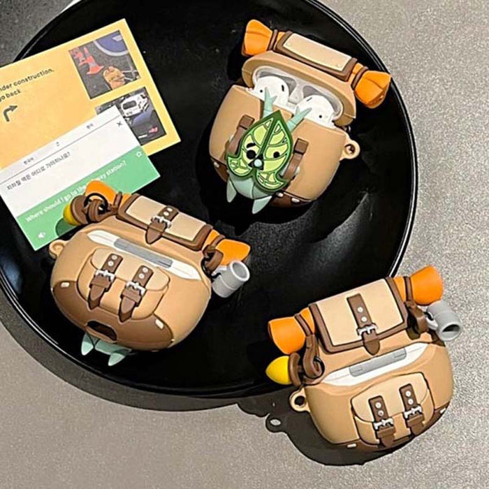 Korok AirPods Case with Glow-in-the-Dark Feature: tan, brown leaf-faced character, cute cartoon, kawaii style