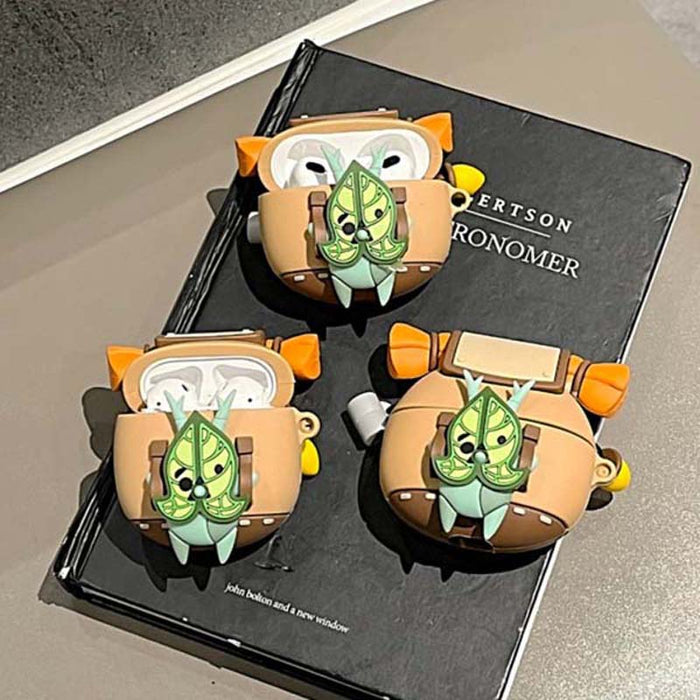 Korok AirPods Case with Glow-in-the-Dark Feature: tan, brown leaf-faced character, cute cartoon, kawaii style
