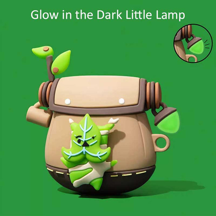 Korok AirPods Case with Glow-in-the-Dark Feature: tan, brown leaf-faced character, cute cartoon, kawaii style