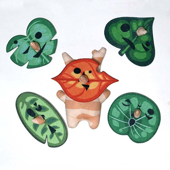 Korok Plushies with Interchangeable Faces and Sound: green, orange cartoon orange animal character with green leaf characters