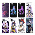 Kujou Sara Phone Case with Camera Protection: black, purple anime-style game characters; "GENSHIN IMPACT" text visible on som