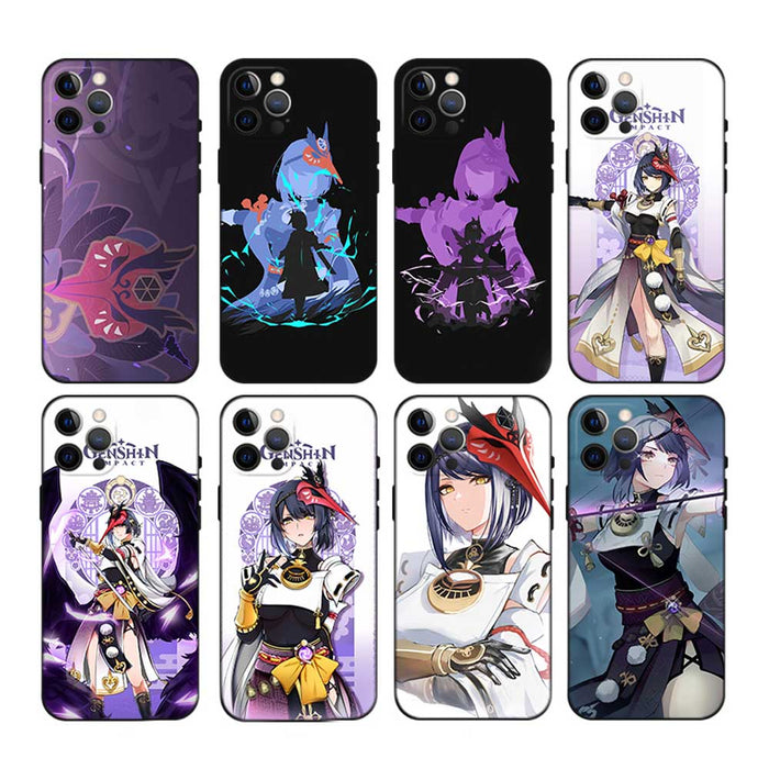 Kujou Sara Phone Case with Camera Protection: black, purple anime-style game characters; "GENSHIN IMPACT" text visible on som