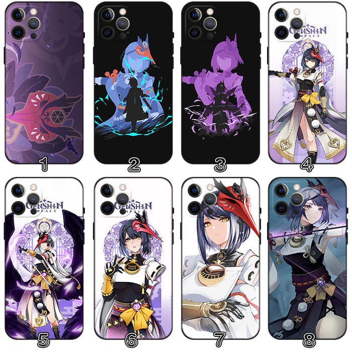 Kujou Sara Phone Case with Camera Protection: black, purple anime-style game characters; "GENSHIN IMPACT" text visible on som