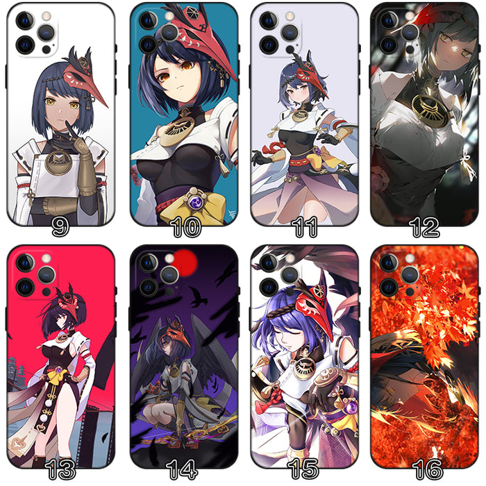 Kujou Sara Phone Case with Camera Protection: black, purple anime-style game characters; "GENSHIN IMPACT" text visible on som