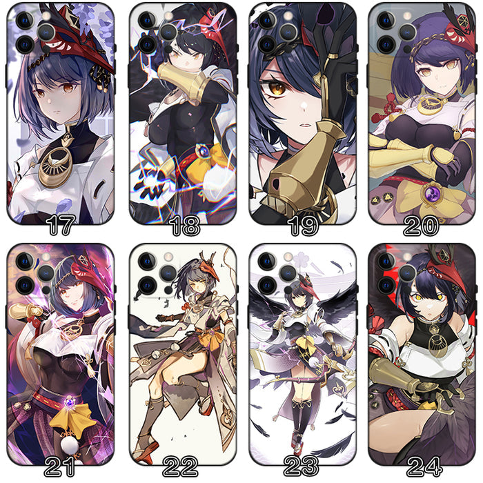 Kujou Sara Phone Case with Camera Protection: black, purple anime-style game characters; "GENSHIN IMPACT" text visible on som