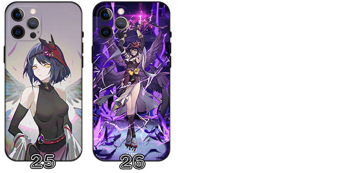 Kujou Sara Phone Case with Camera Protection: black, purple anime-style game characters; "GENSHIN IMPACT" text visible on som