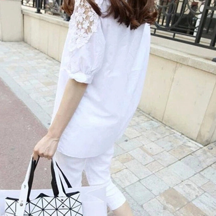 Lace Sleeve Blouse, Summer Street Style: white white blouse/tunic top, feminine casual style