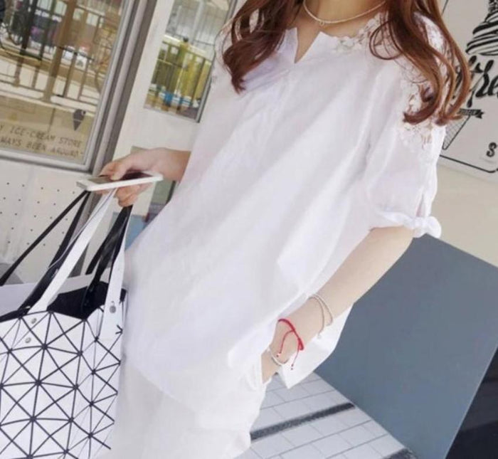 Lace Sleeve Blouse, Summer Street Style: white white blouse/tunic top, feminine casual style