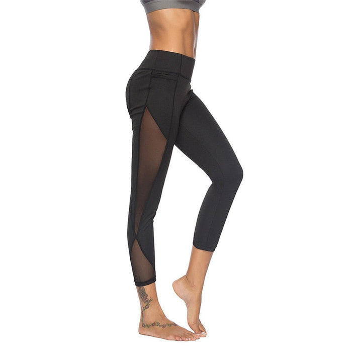 Lace-Trimmed Mesh Yoga Leggings for Women with Elastic Waist: black, gray women's activewear outfit, sporty, fitted style