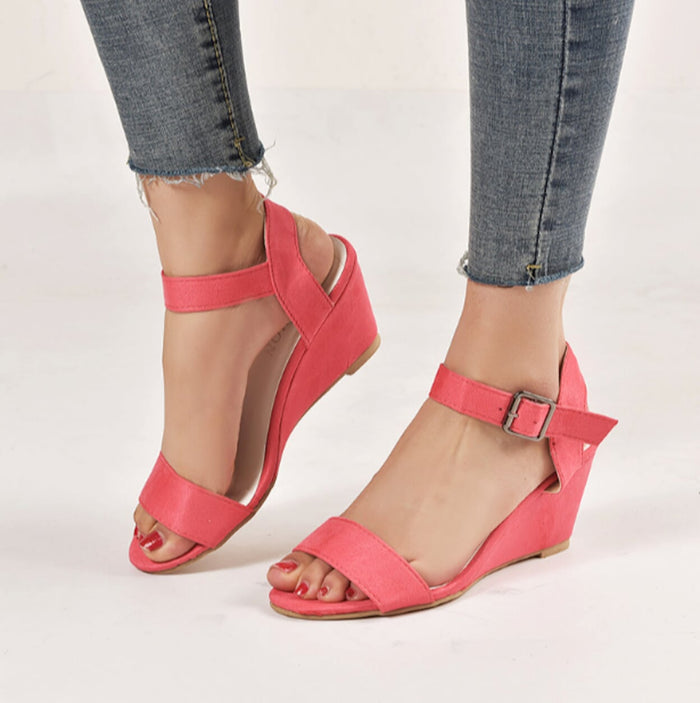 Ladies' Ethical Synthetic Wedge Sandals: coral pink, tan/brown sole wedge sandals, casual style