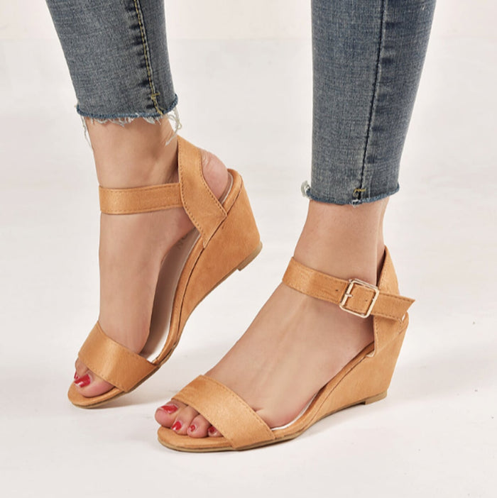 Ladies' Ethical Synthetic Wedge Sandals: coral pink, tan/brown sole wedge sandals, casual style